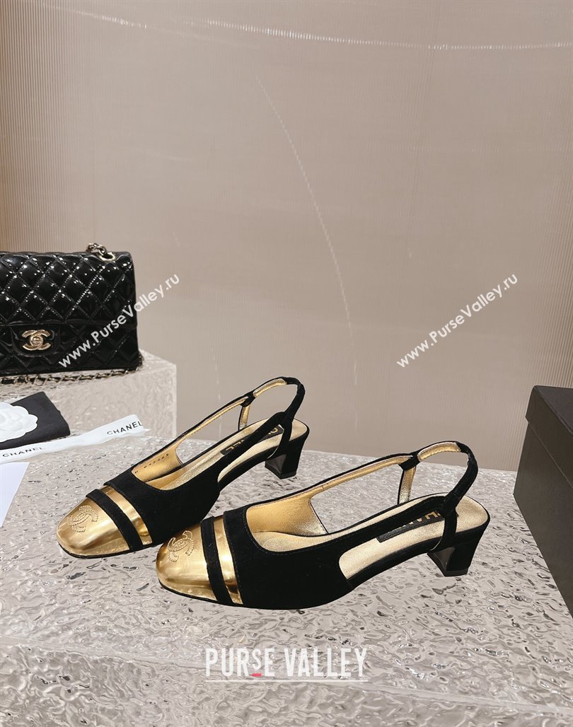 Chanel Heel 5cm CC Logo Black Suede and Gold Leather Slingbacks 2024 (modeng-23121530)