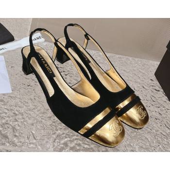 Chanel Heel 5cm CC Logo Black Suede and Gold Leather Slingbacks 2024 (modeng-23121530)