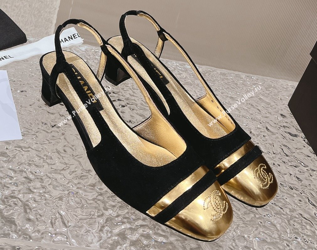 Chanel Heel 5cm CC Logo Black Suede and Gold Leather Slingbacks 2024 (modeng-23121530)