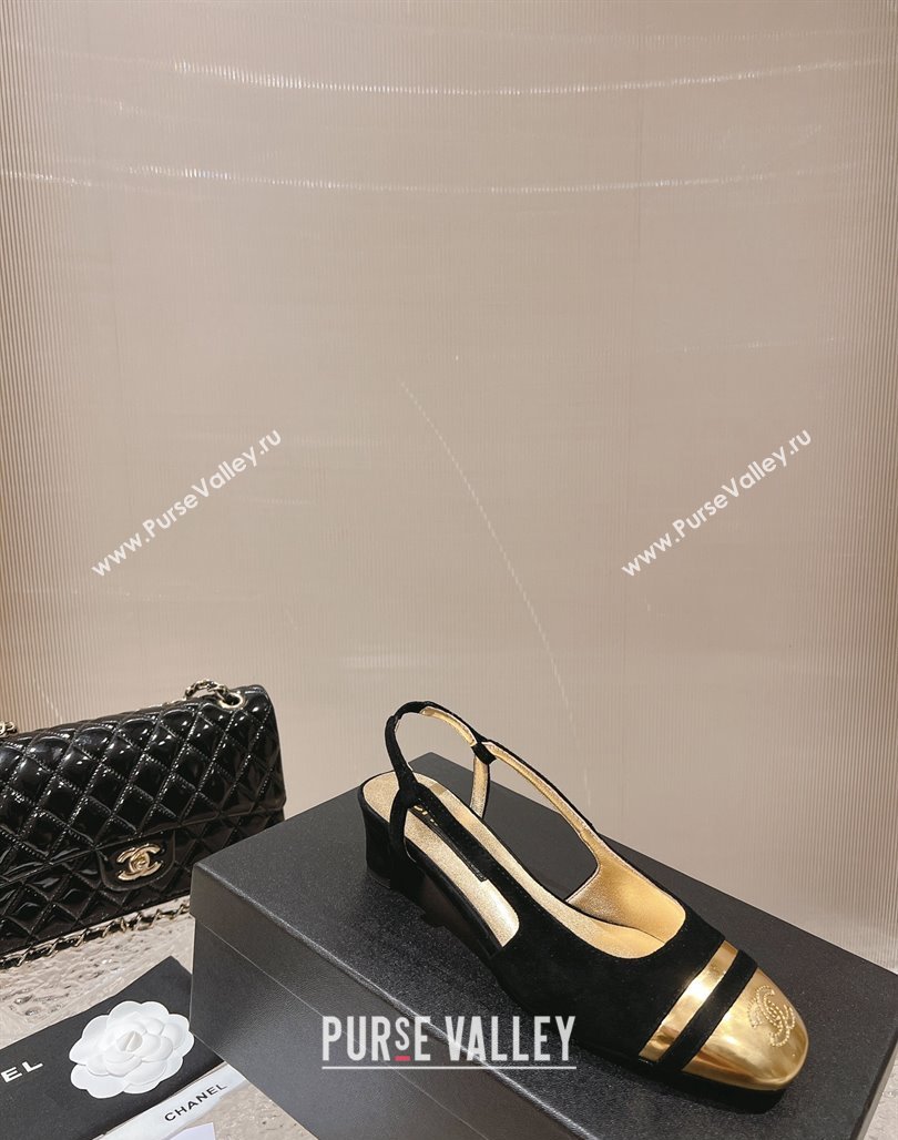 Chanel Heel 5cm CC Logo Black Suede and Gold Leather Slingbacks 2024 (modeng-23121530)