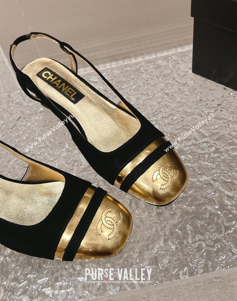 Chanel Heel 5cm CC Logo Black Suede and Gold Leather Slingbacks 2024 (modeng-23121530)