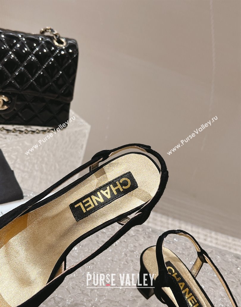 Chanel Heel 5cm CC Logo Black Suede and Gold Leather Slingbacks 2024 (modeng-23121530)