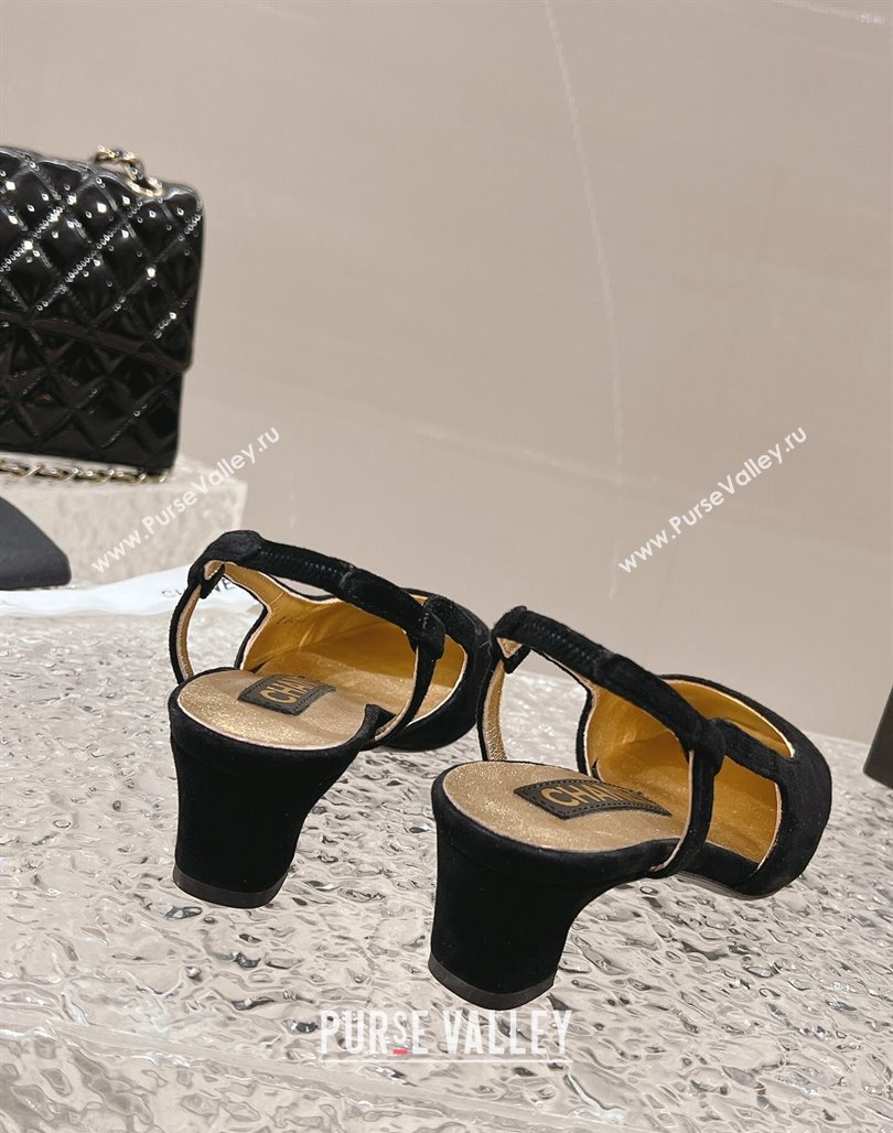 Chanel Heel 5cm CC Logo Black Suede and Gold Leather Slingbacks 2024 (modeng-23121530)