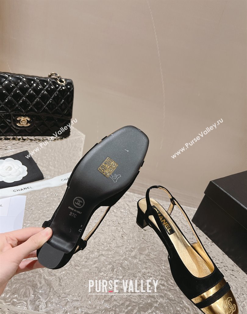 Chanel Heel 5cm CC Logo Black Suede and Gold Leather Slingbacks 2024 (modeng-23121530)