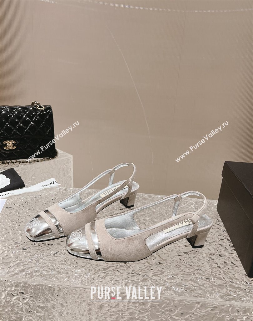 Chanel Heel 5cm CC Logo Gray Suede and Silver Leather Slingbacks 2024 (modeng-23121531)