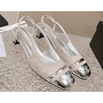 Chanel Heel 5cm CC Logo Gray Suede and Silver Leather Slingbacks 2024 (modeng-23121531)