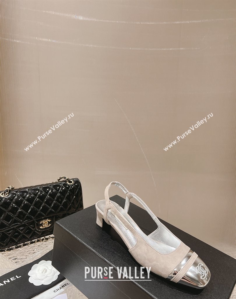 Chanel Heel 5cm CC Logo Gray Suede and Silver Leather Slingbacks 2024 (modeng-23121531)