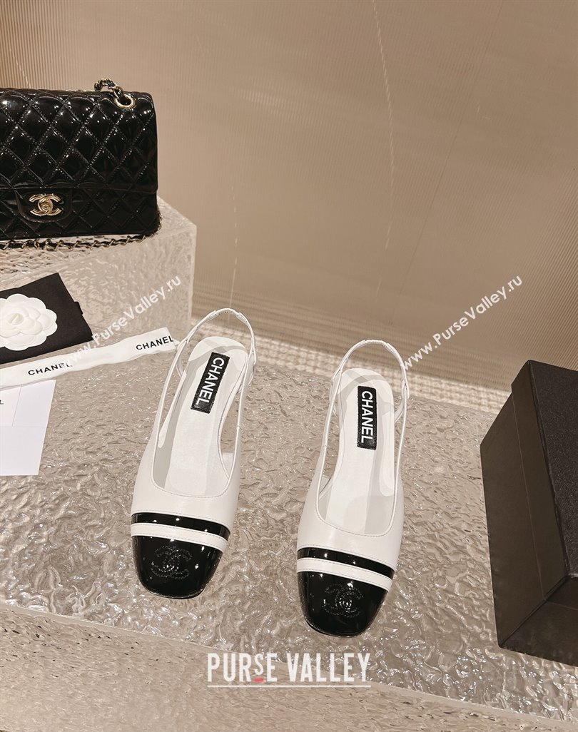 Chanel Heel 5cm CC Logo White and Black Patent Leather Slingbacks 2024 (modeng-23121532)