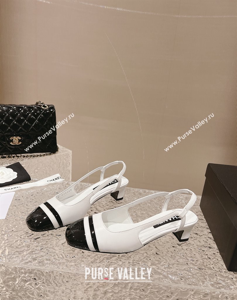 Chanel Heel 5cm CC Logo White and Black Patent Leather Slingbacks 2024 (modeng-23121532)