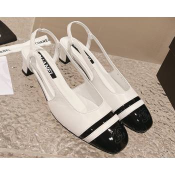 Chanel Heel 5cm CC Logo White and Black Patent Leather Slingbacks 2024 (modeng-23121532)