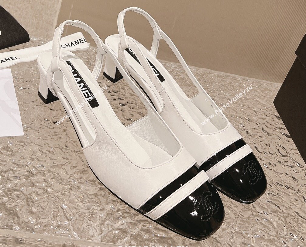 Chanel Heel 5cm CC Logo White and Black Patent Leather Slingbacks 2024 (modeng-23121532)