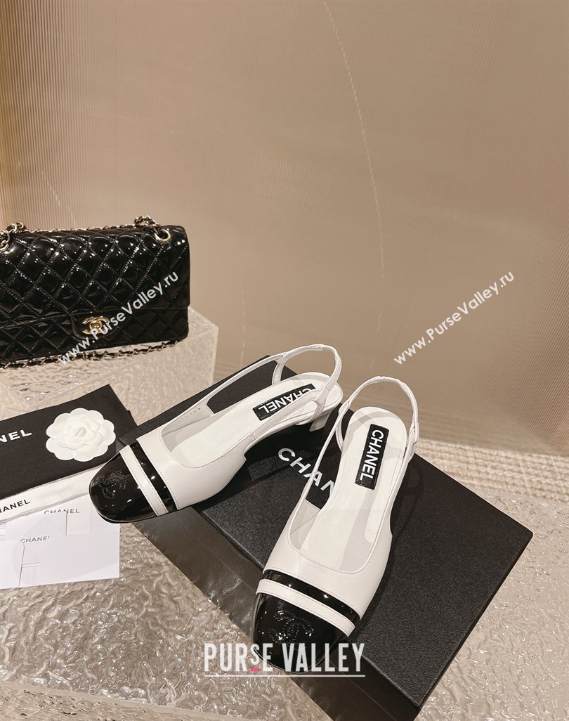 Chanel Heel 5cm CC Logo White and Black Patent Leather Slingbacks 2024 (modeng-23121532)