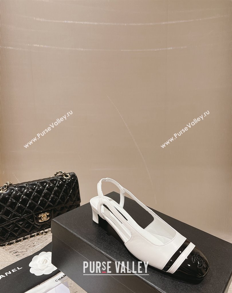 Chanel Heel 5cm CC Logo White and Black Patent Leather Slingbacks 2024 (modeng-23121532)