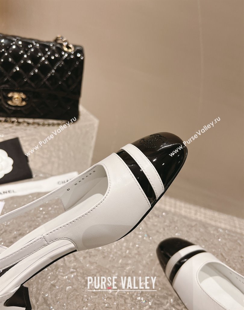 Chanel Heel 5cm CC Logo White and Black Patent Leather Slingbacks 2024 (modeng-23121532)