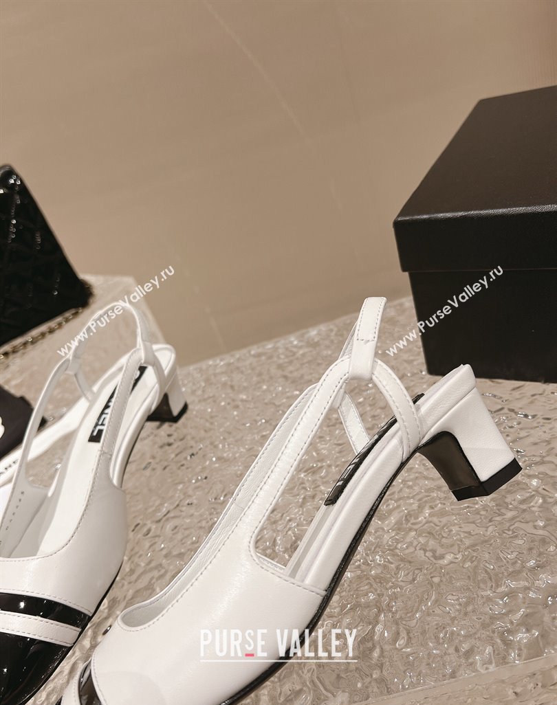 Chanel Heel 5cm CC Logo White and Black Patent Leather Slingbacks 2024 (modeng-23121532)