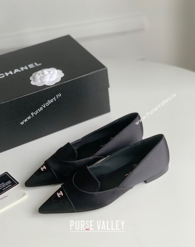 Chanel Crystal CC Logo Vintage Ballet Flats in Satin Black 2024 (modeng-23121510)