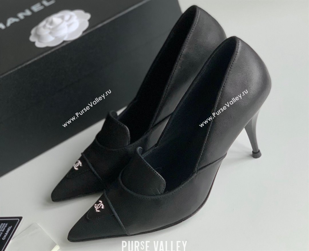 Chanel Heel 8cm Crystal CC Logo Vintage Pumps in Lambskin Black 2024 (modeng-23121503)