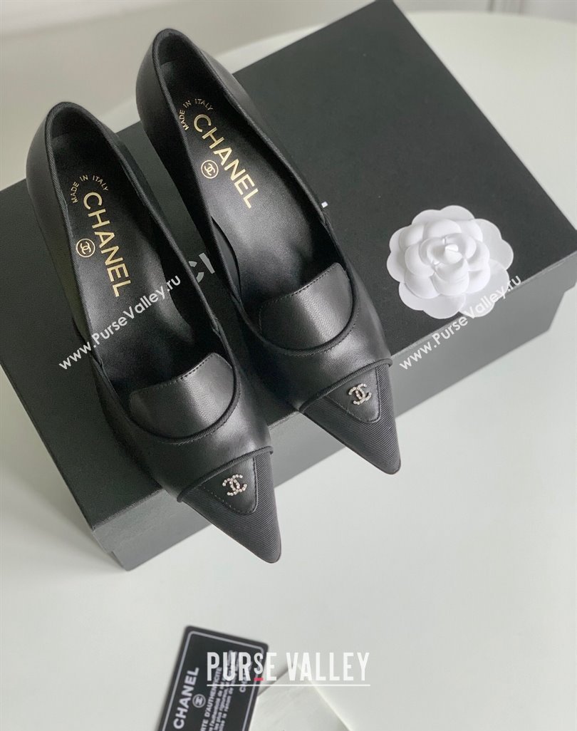 Chanel Heel 8cm Crystal CC Logo Vintage Pumps in Lambskin Black 2024 (modeng-23121503)