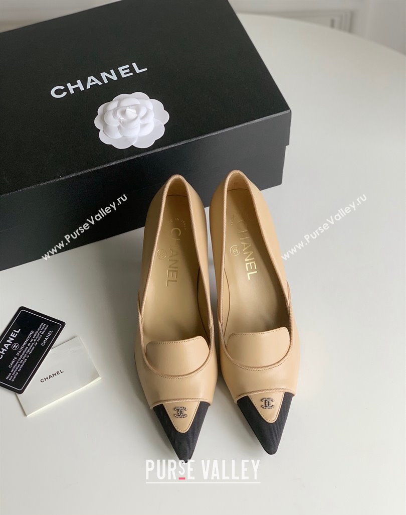 Chanel Heel 8cm Crystal CC Logo Vintage Pumps in Lambskin Beige 2024 (modeng-23121505)