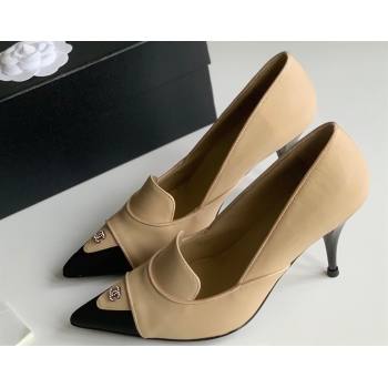 Chanel Heel 8cm Crystal CC Logo Vintage Pumps in Lambskin Beige 2024 (modeng-23121505)