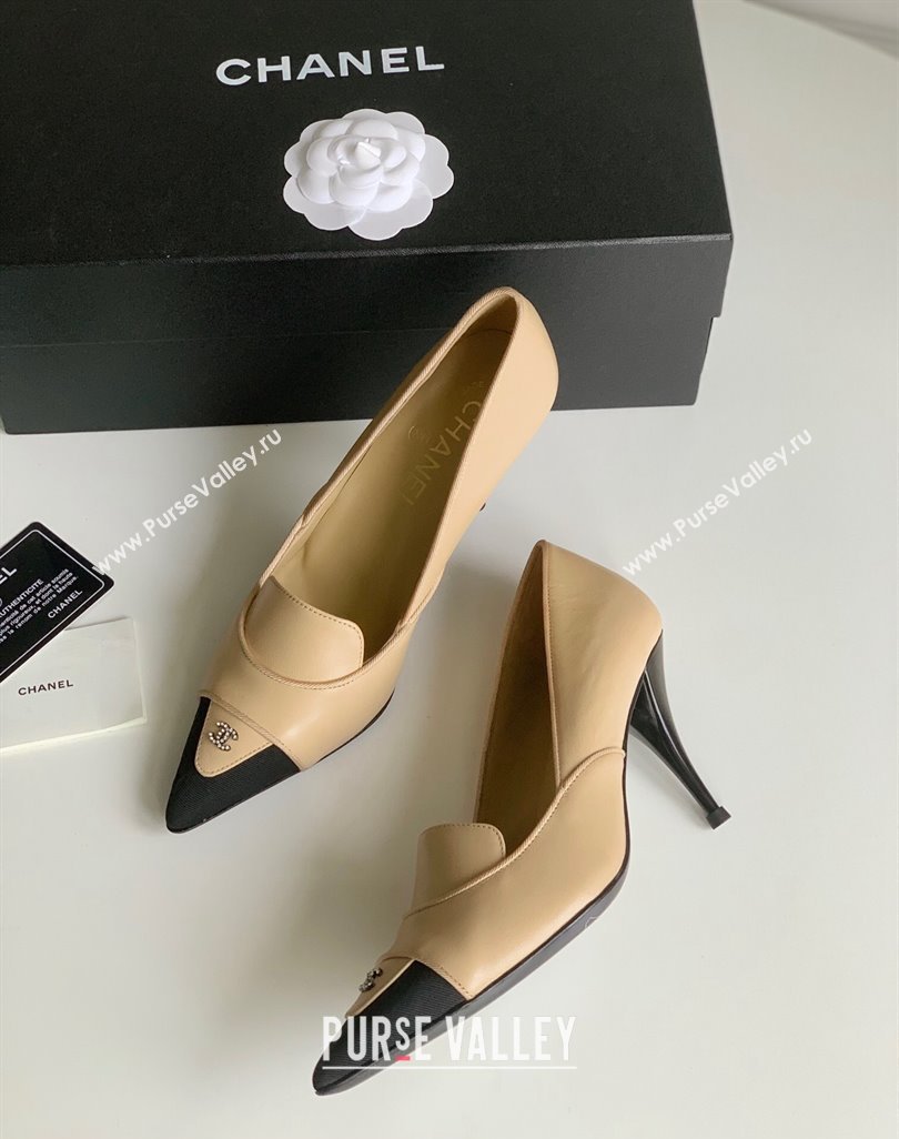 Chanel Heel 8cm Crystal CC Logo Vintage Pumps in Lambskin Beige 2024 (modeng-23121505)