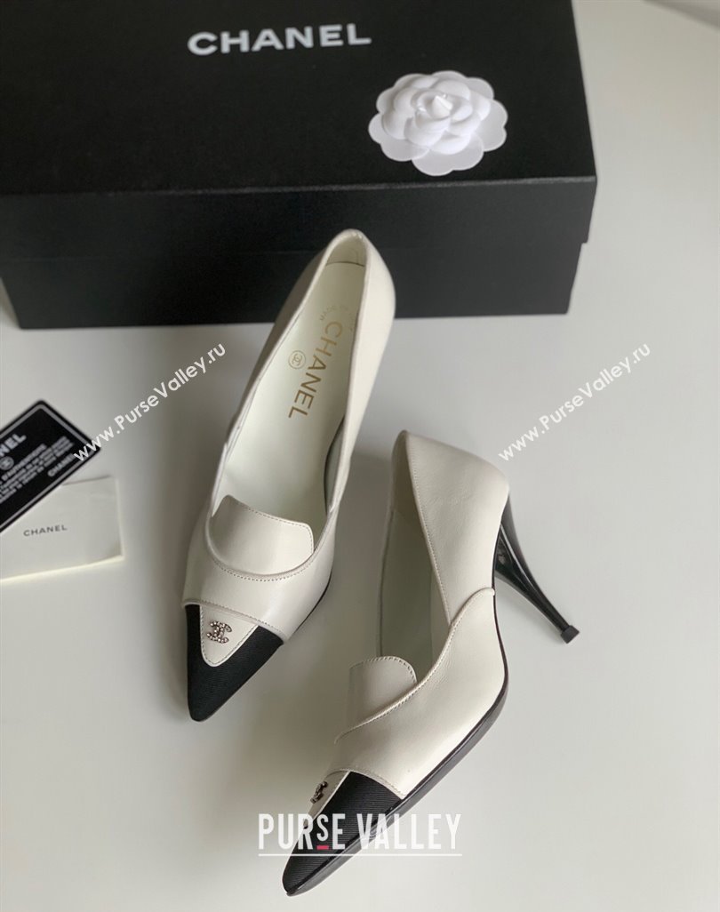 Chanel Heel 8cm Crystal CC Logo Vintage Pumps in Lambskin White 2024 (modeng-23121504)