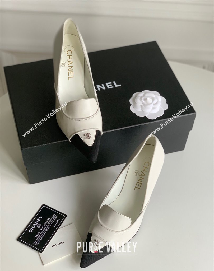 Chanel Heel 8cm Crystal CC Logo Vintage Pumps in Lambskin White 2024 (modeng-23121504)