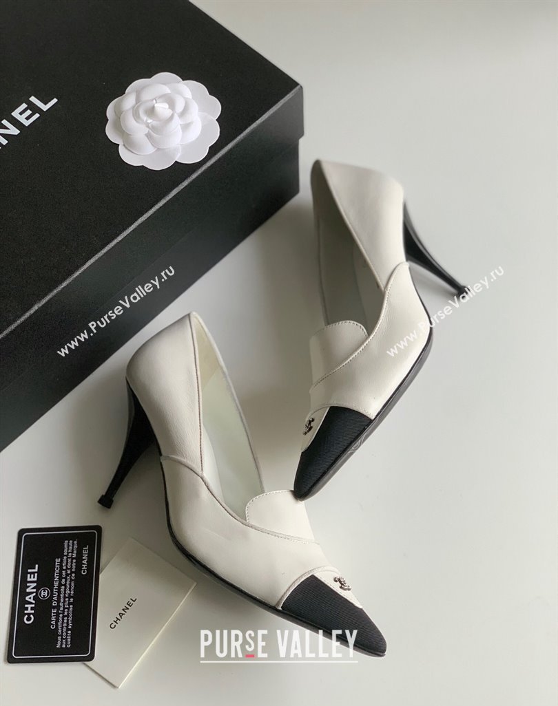 Chanel Heel 8cm Crystal CC Logo Vintage Pumps in Lambskin White 2024 (modeng-23121504)