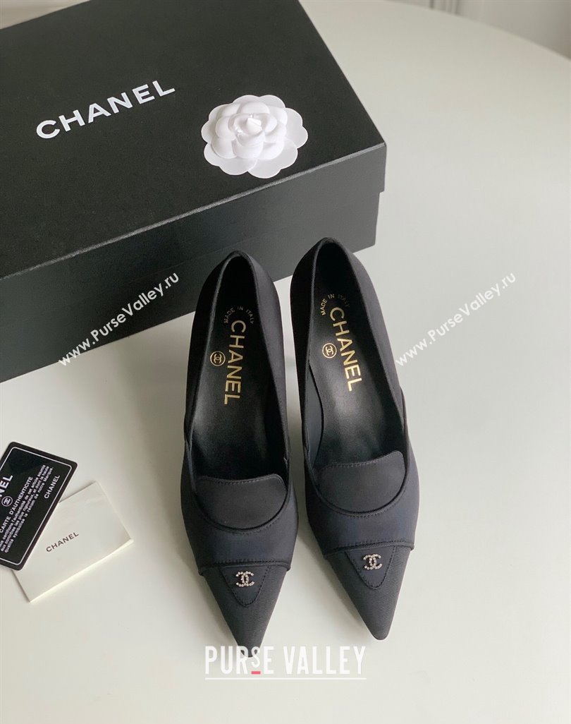 Chanel Heel 8cm Crystal CC Logo Vintage Pumps in Satin Black 2024 (modeng-23121506)