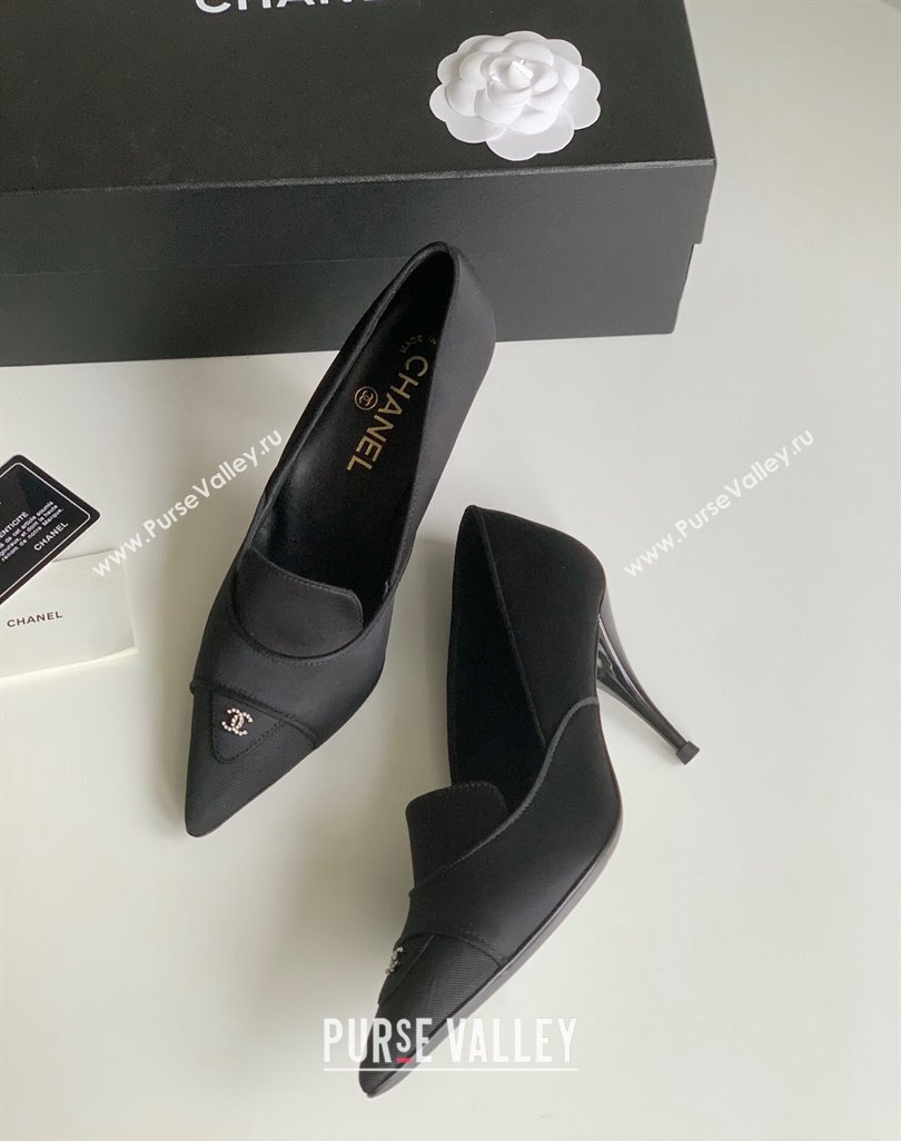 Chanel Heel 8cm Crystal CC Logo Vintage Pumps in Satin Black 2024 (modeng-23121506)