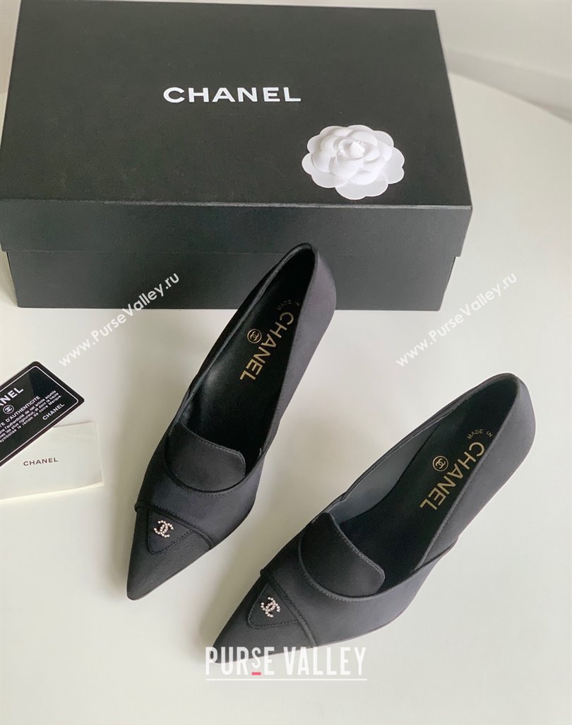 Chanel Heel 8cm Crystal CC Logo Vintage Pumps in Satin Black 2024 (modeng-23121506)