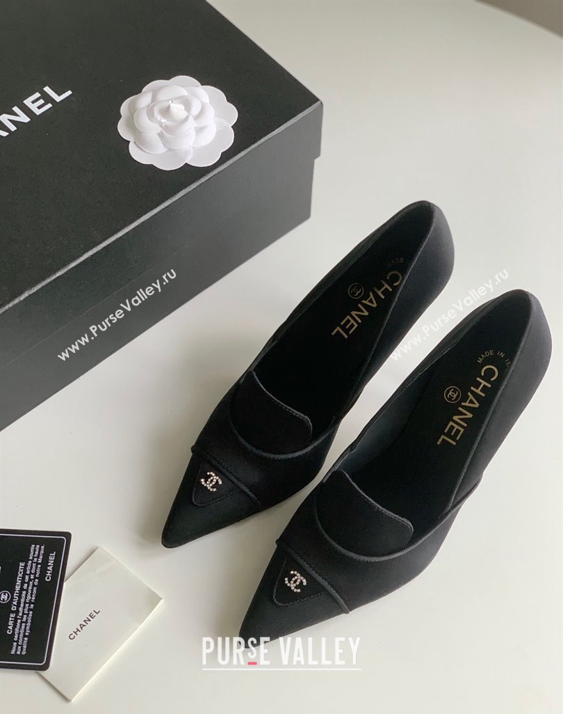 Chanel Heel 8cm Crystal CC Logo Vintage Pumps in Satin Black 2024 (modeng-23121506)