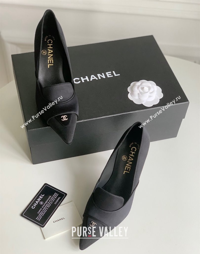 Chanel Heel 8cm Crystal CC Logo Vintage Pumps in Satin Black 2024 (modeng-23121506)