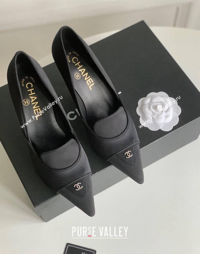 Chanel Heel 8cm Crystal CC Logo Vintage Pumps in Satin Black 2024 (modeng-23121506)