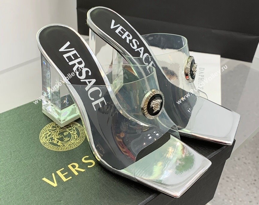 Versace Clear Heel 10cm Medusa hardware Alia Mules PVC Silver 2024 (keer-23121851)