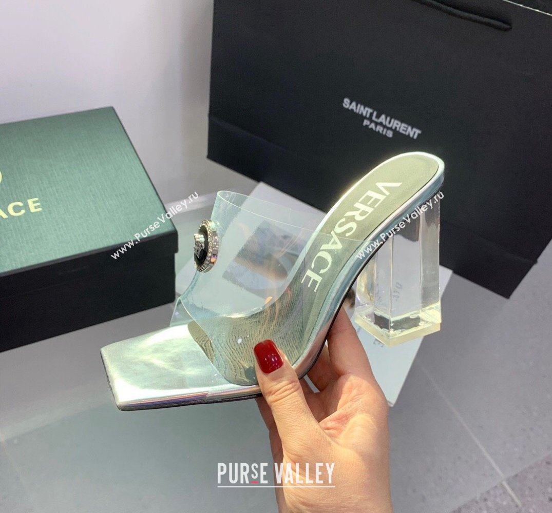Versace Clear Heel 10cm Medusa hardware Alia Mules PVC Silver 2024 (keer-23121851)
