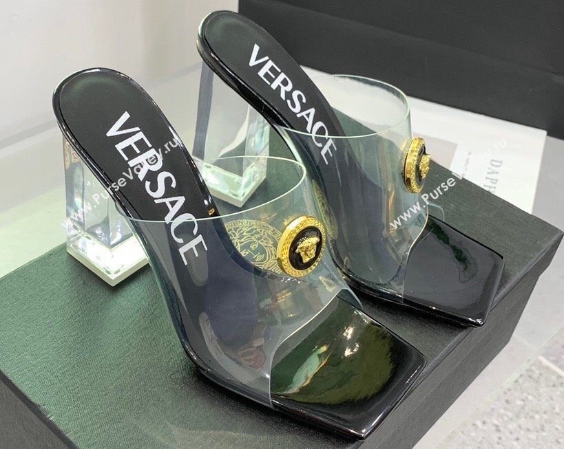 Versace Clear Heel 10cm Medusa hardware Alia Mules PVC Black 2024 (keer-23121846)