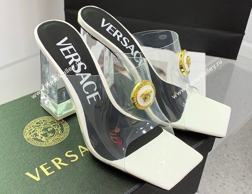 Versace Clear Heel 10cm Medusa hardware Alia Mules PVC White 2024 (keer-23121847)