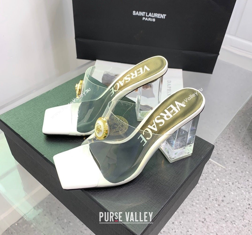 Versace Clear Heel 10cm Medusa hardware Alia Mules PVC White 2024 (keer-23121847)