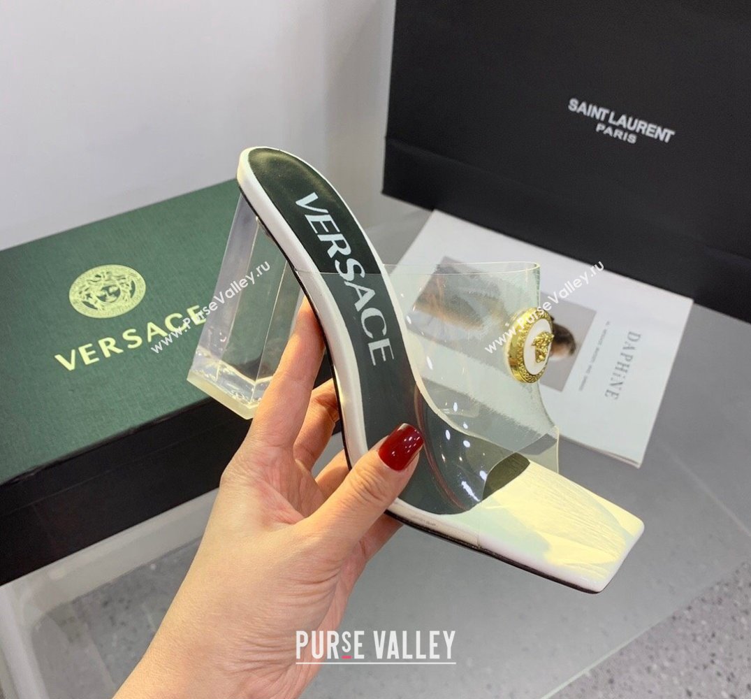 Versace Clear Heel 10cm Medusa hardware Alia Mules PVC White 2024 (keer-23121847)