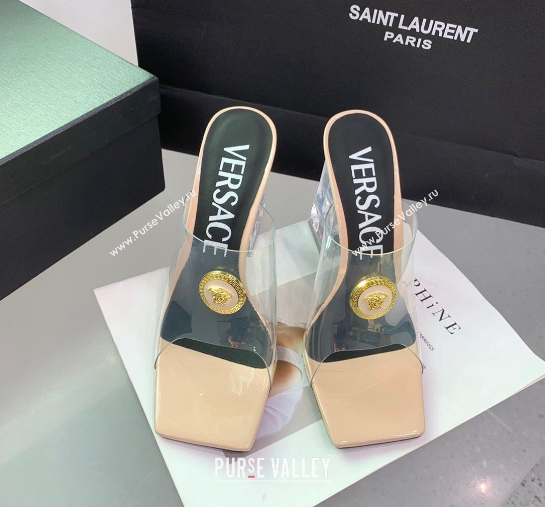Versace Clear Heel 10cm Medusa hardware Alia Mules PVC Beige 2024 (keer-23121848)