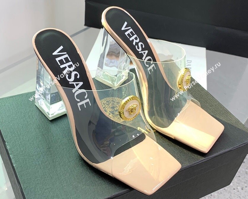 Versace Clear Heel 10cm Medusa hardware Alia Mules PVC Beige 2024 (keer-23121848)
