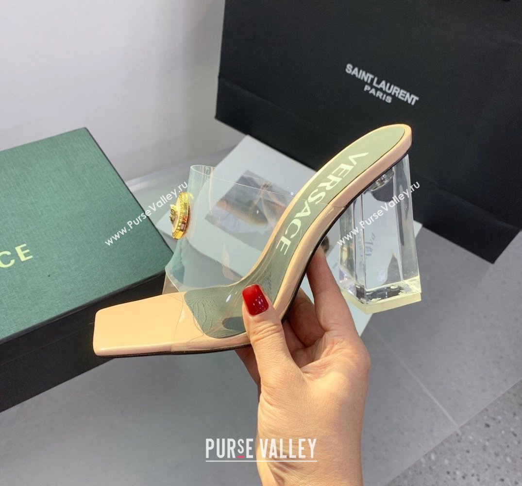 Versace Clear Heel 10cm Medusa hardware Alia Mules PVC Beige 2024 (keer-23121848)