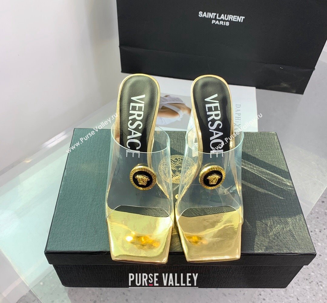 Versace Clear Heel 10cm Medusa hardware Alia Mules PVC Gold 2024 (keer-23121850)