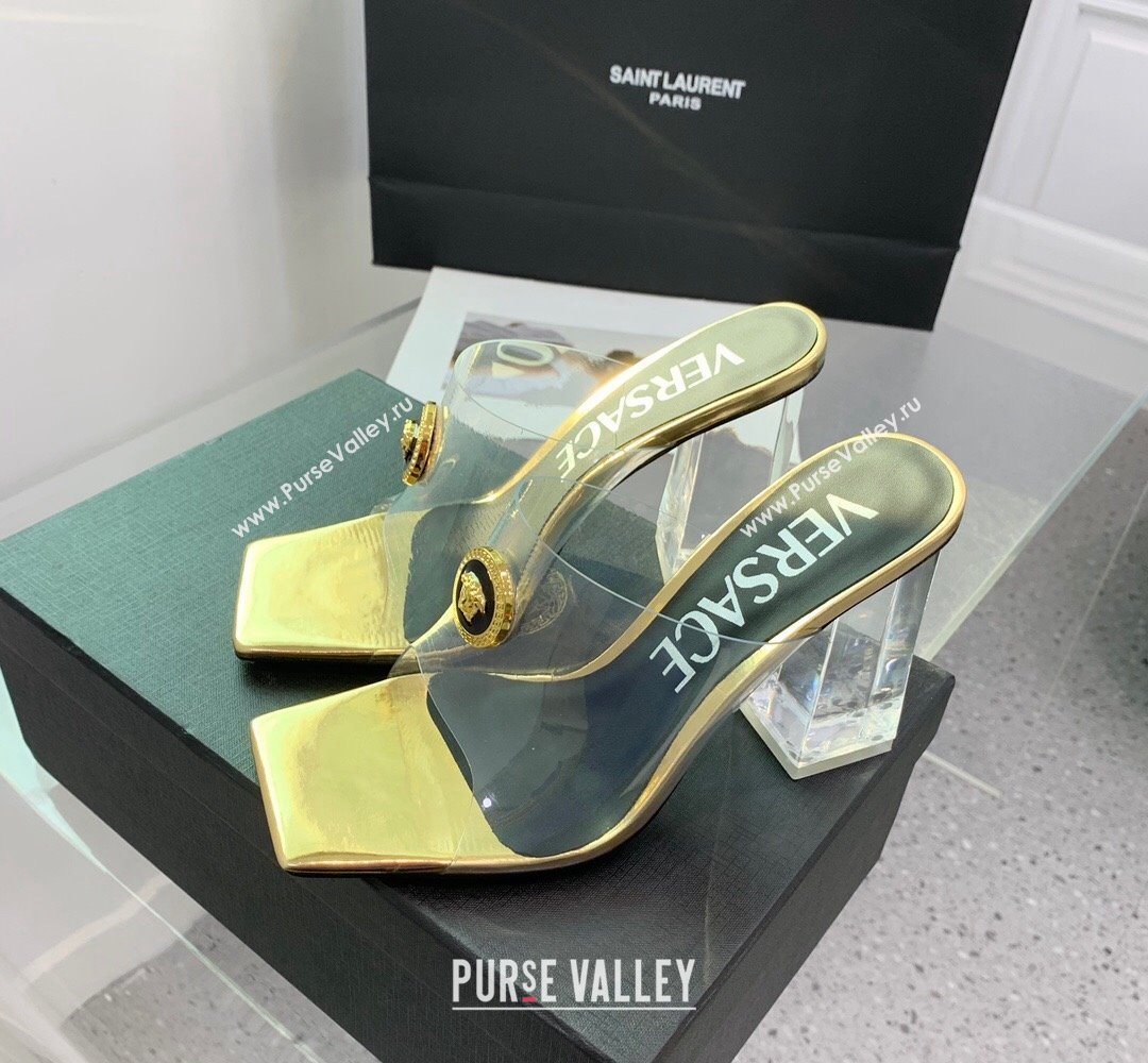 Versace Clear Heel 10cm Medusa hardware Alia Mules PVC Gold 2024 (keer-23121850)