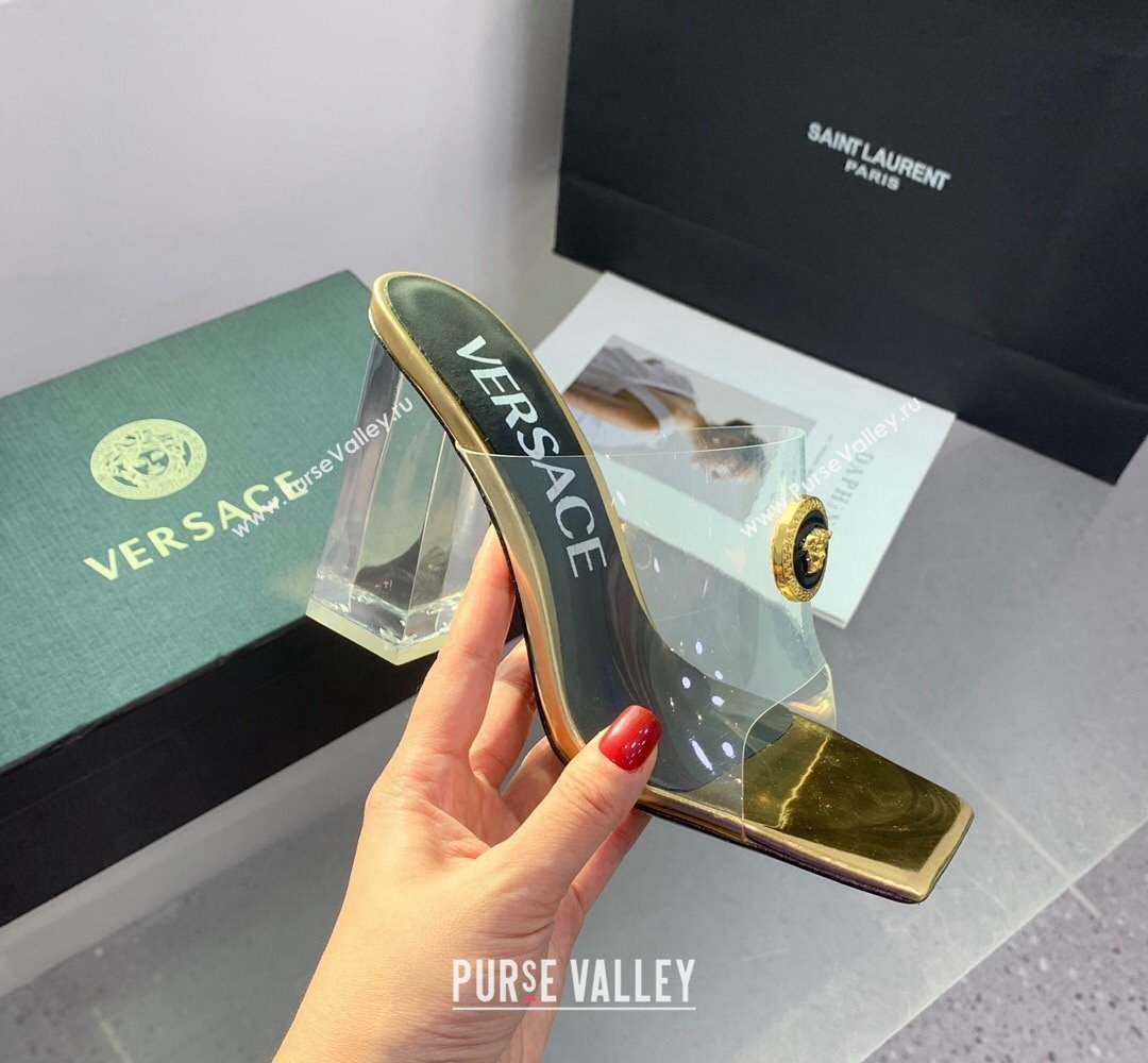 Versace Clear Heel 10cm Medusa hardware Alia Mules PVC Gold 2024 (keer-23121850)