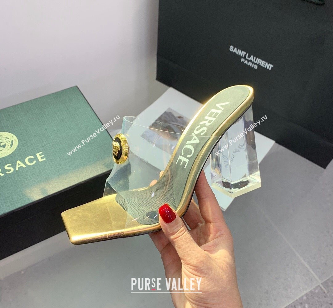 Versace Clear Heel 10cm Medusa hardware Alia Mules PVC Gold 2024 (keer-23121850)