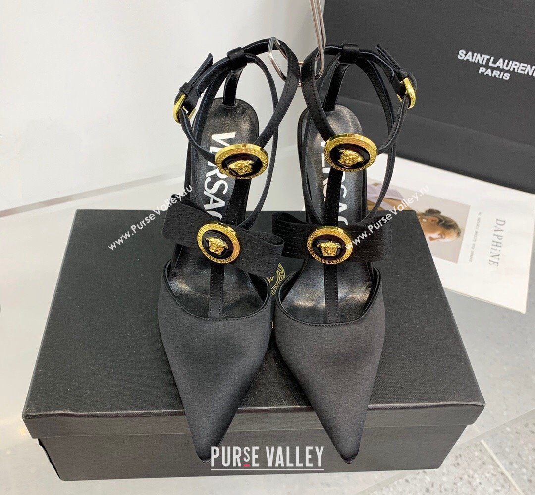 Versace Heel 10.5cm Gianni Ribbon Cage Satin Pumps Black 2024 (keer-23121832)