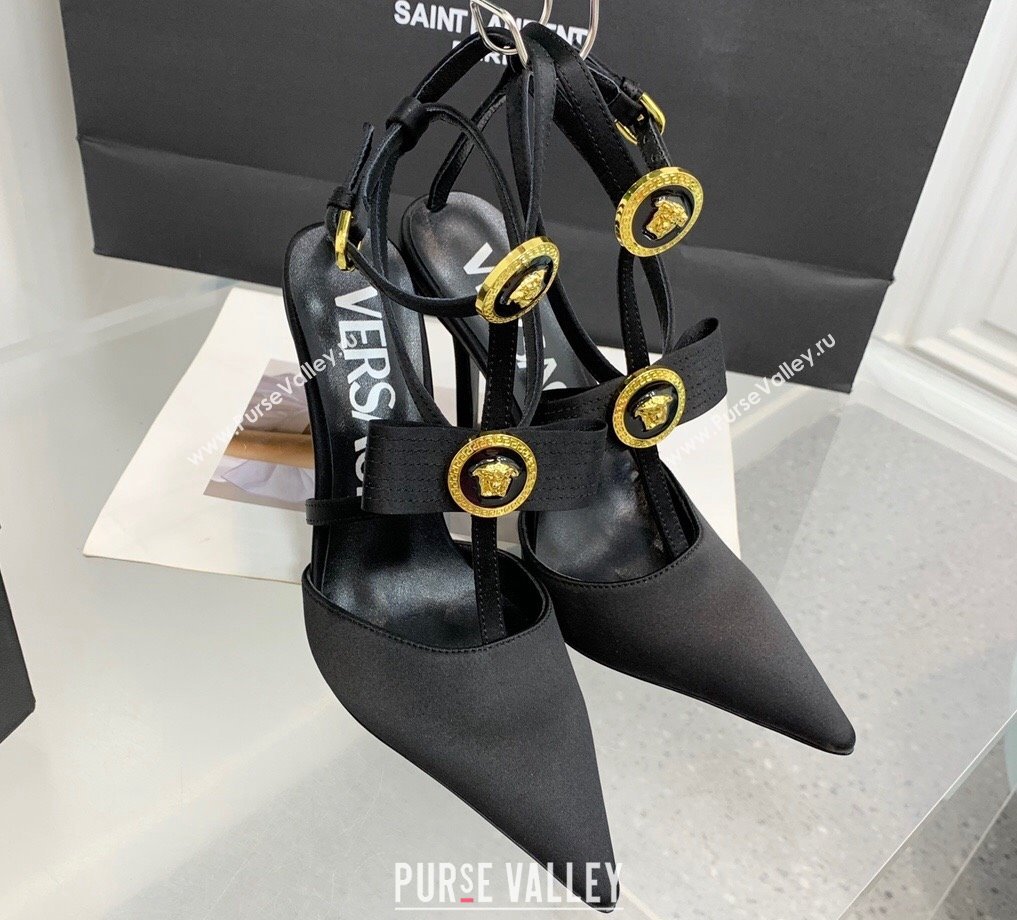 Versace Heel 10.5cm Gianni Ribbon Cage Satin Pumps Black 2024 (keer-23121832)