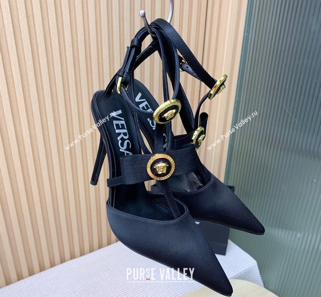 Versace Heel 10.5cm Gianni Ribbon Cage Satin Pumps Black 2024 (keer-23121832)
